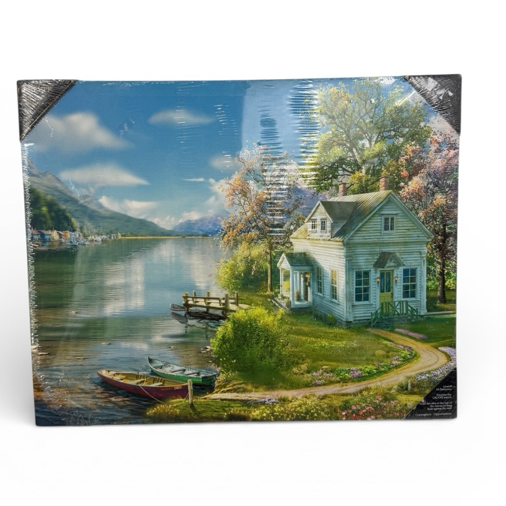 Cottage by Lake with Boat Light-Up Canvas Scenic Wall Art Battery Timer Decor